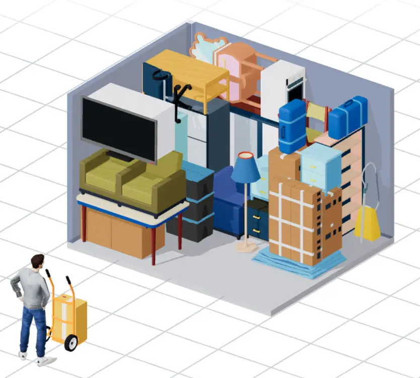 3D render of the SpaceFit calculator: a self-storage unit packed with furniture and moving boxes, a worker with a hand truck in front