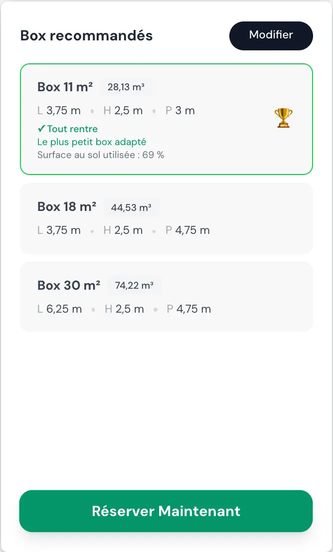 Calculator result panel: recommended units and a Book now button